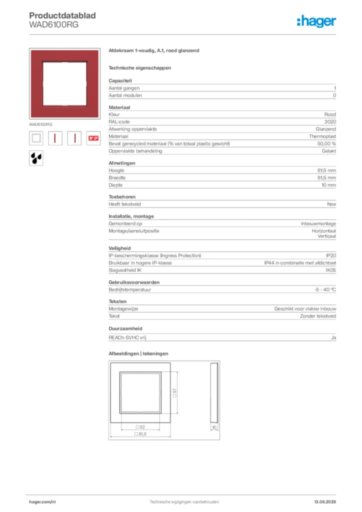 Afbeelding Hager Productdatablad WAD6100RG | Hager Nederland