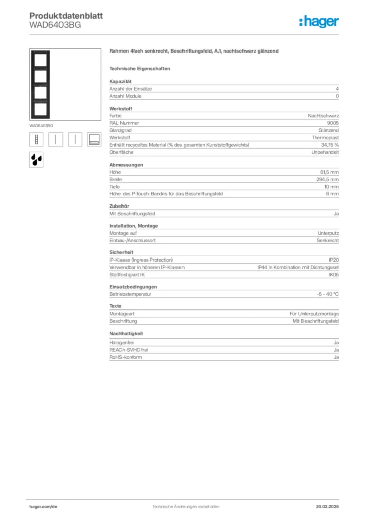 Bild Hager Produktdatenblatt WAD6403BG | Hager Deutschland