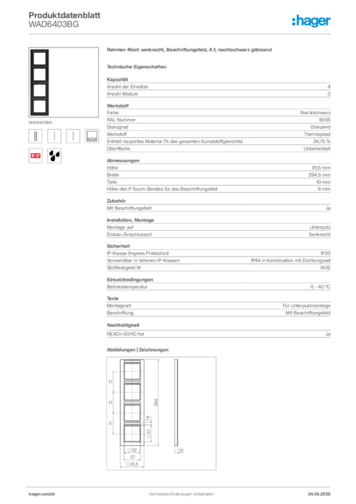 Bild Hager Produktdatenblatt WAD6403BG | Hager Deutschland
