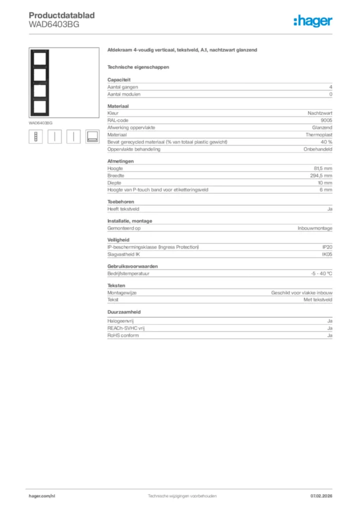 Afbeelding Hager Productdatablad WAD6403BG | Hager Nederland