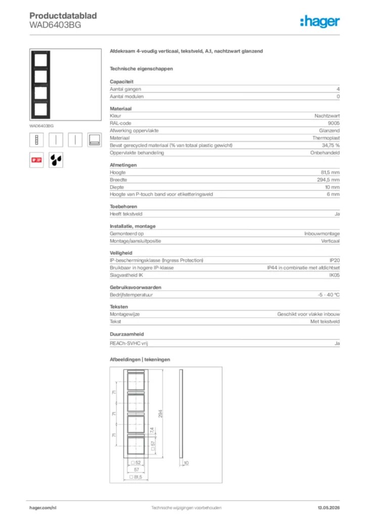 Afbeelding Hager Productdatablad WAD6403BG | Hager Nederland