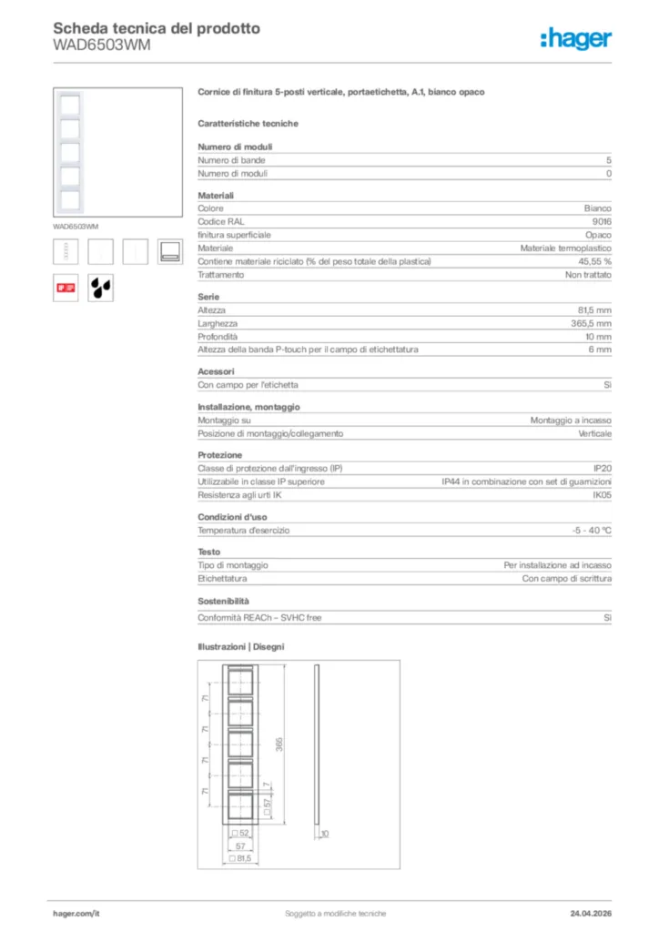 Immagine Hager Scheda tecnica del prodotto WAD6503WM | Hager Italia
