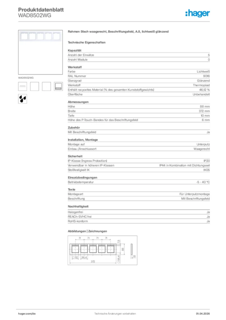 Bild Hager Produktdatenblatt WAD8502WG | Hager Deutschland