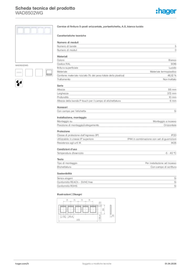 Immagine Hager Scheda tecnica del prodotto WAD8502WG | Hager Italia