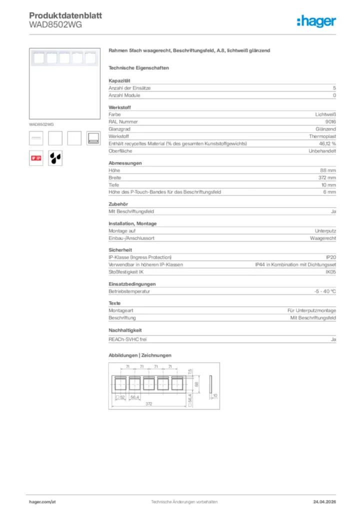 Bild Hager Produktdatenblatt WAD8502WG | Hager Deutschland