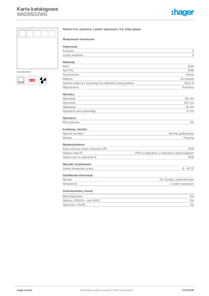 Zdjęcie Hager Karta katalogowa WAD8502WG | Hager Polska