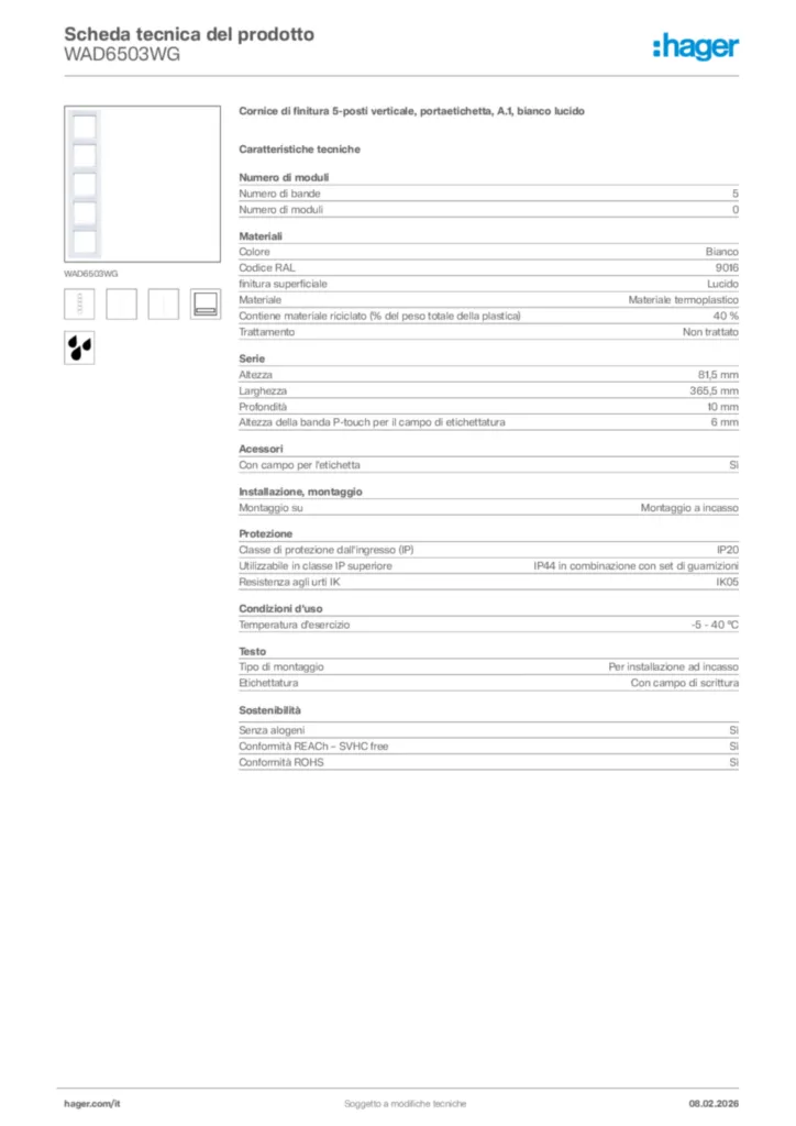 Immagine Hager Scheda tecnica del prodotto WAD6503WG | Hager Italia