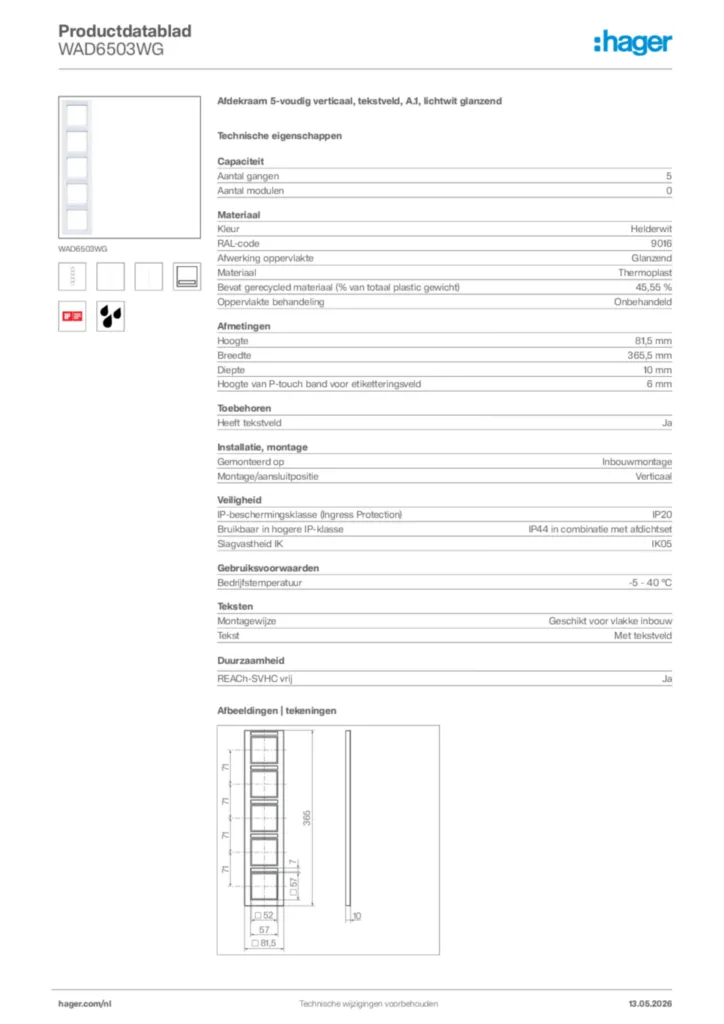 Afbeelding Hager Productdatablad WAD6503WG | Hager Nederland