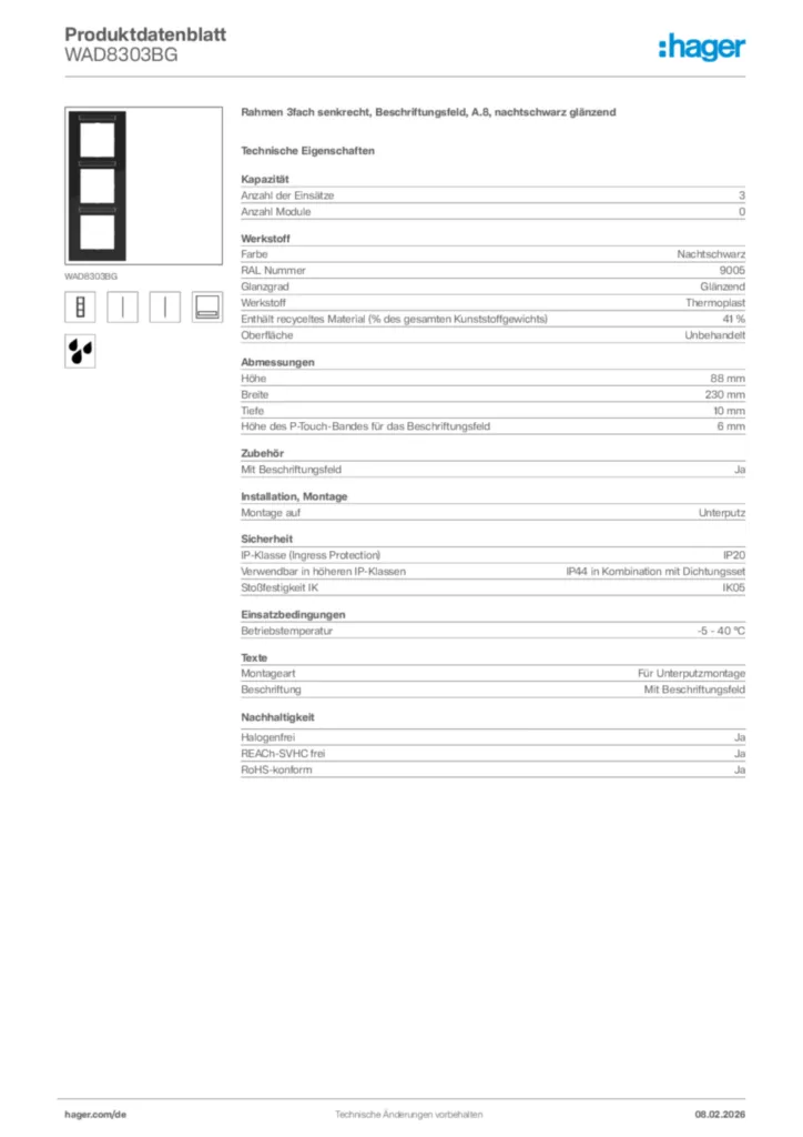 Bild Hager Produktdatenblatt WAD8303BG | Hager Deutschland