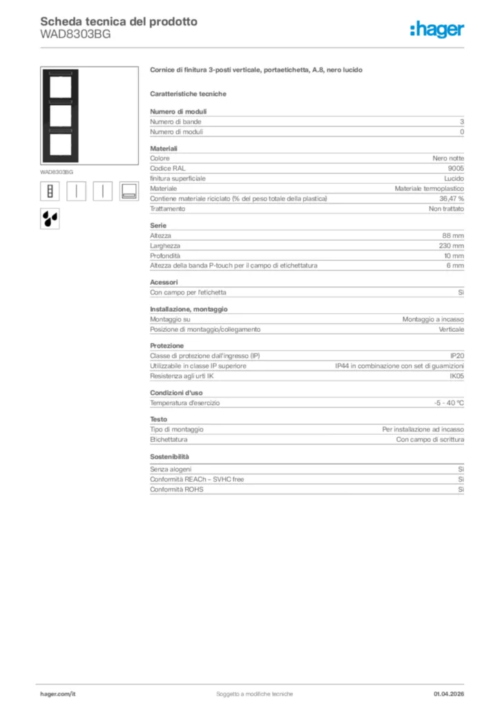 Immagine Hager Scheda tecnica del prodotto WAD8303BG | Hager Italia