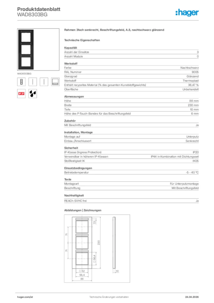 Bild Hager Produktdatenblatt WAD8303BG | Hager Deutschland