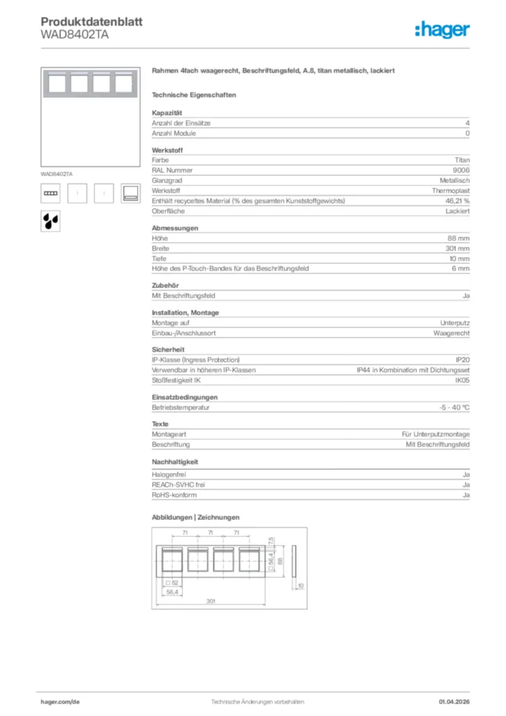 Bild Hager Produktdatenblatt WAD8402TA | Hager Deutschland