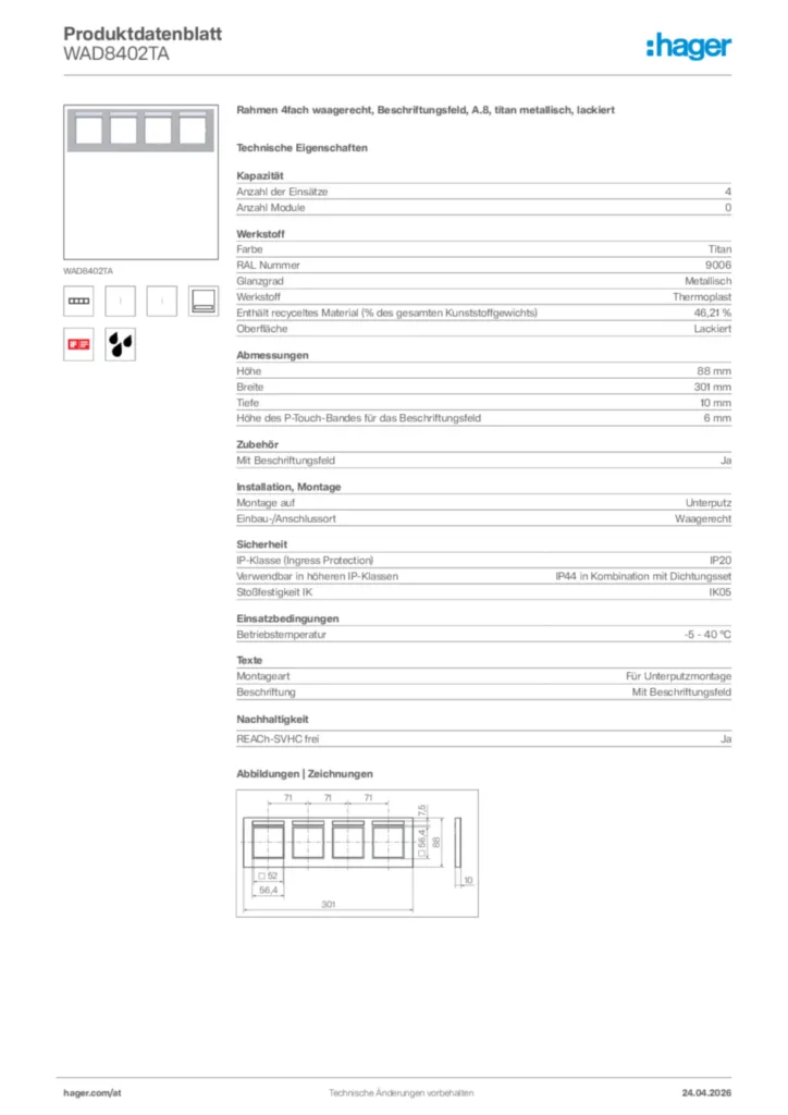 Bild Hager Produktdatenblatt WAD8402TA | Hager Deutschland