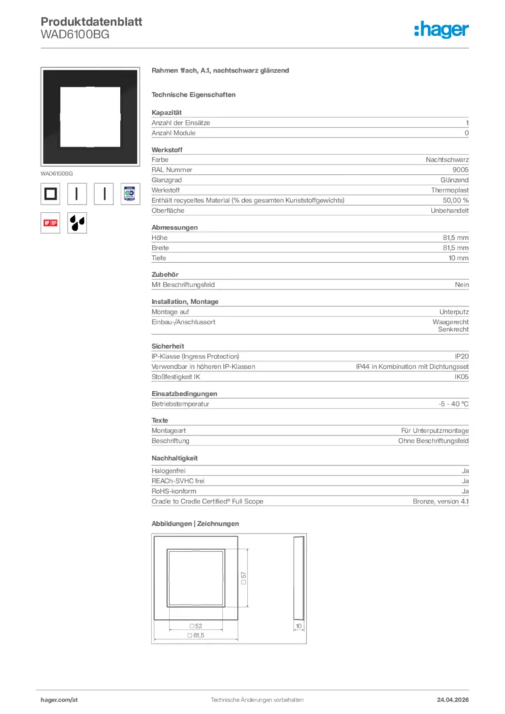 Bild Hager Produktdatenblatt WAD6100BG | Hager Deutschland