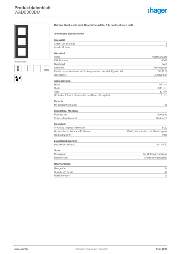 Bild Hager Produktdatenblatt WAD8303BM | Hager Deutschland