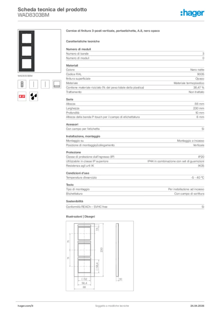 Immagine Hager Scheda tecnica del prodotto WAD8303BM | Hager Italia