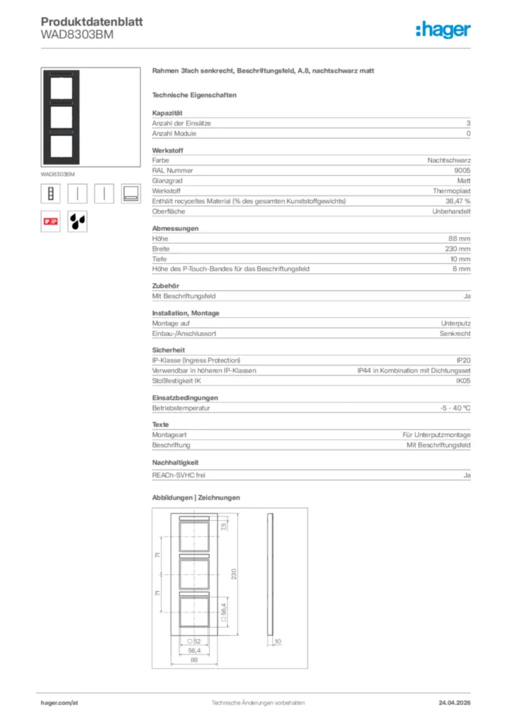 Bild Hager Produktdatenblatt WAD8303BM | Hager Deutschland