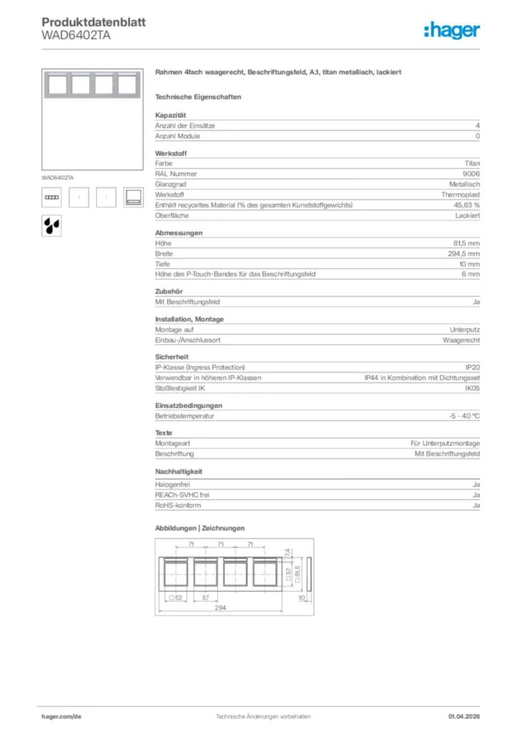 Bild Hager Produktdatenblatt WAD6402TA | Hager Deutschland
