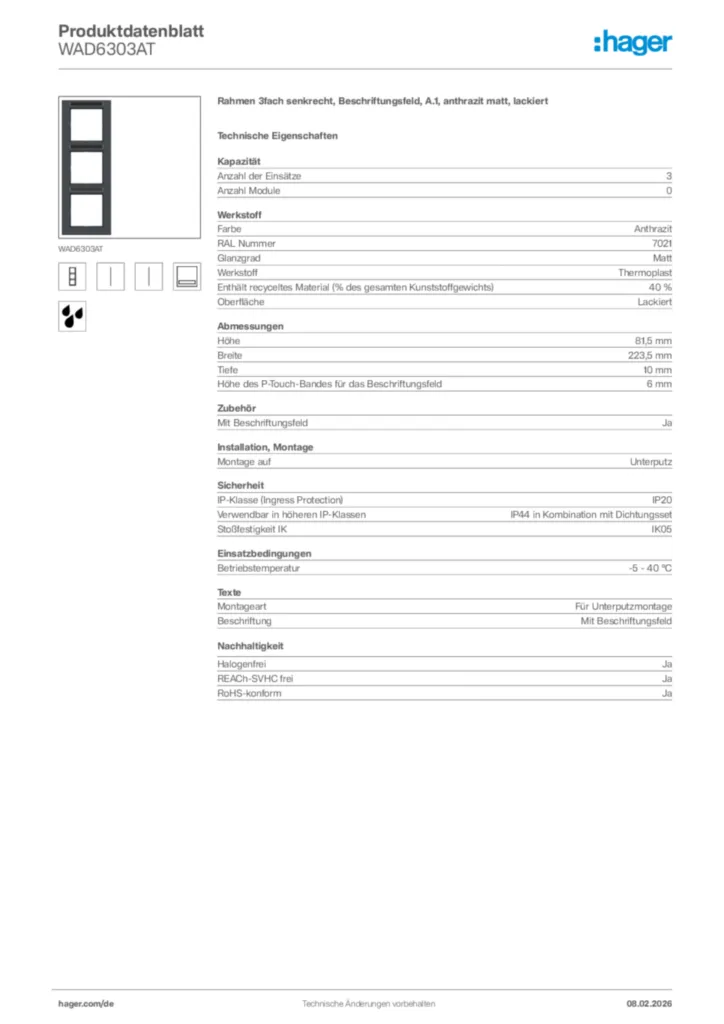 Bild Hager Produktdatenblatt WAD6303AT | Hager Deutschland