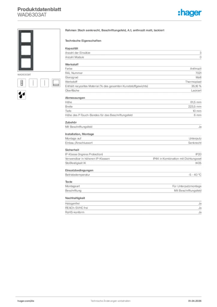 Bild Hager Produktdatenblatt WAD6303AT | Hager Deutschland