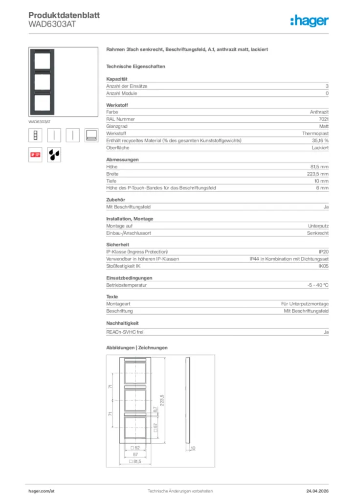 Bild Hager Produktdatenblatt WAD6303AT | Hager Deutschland