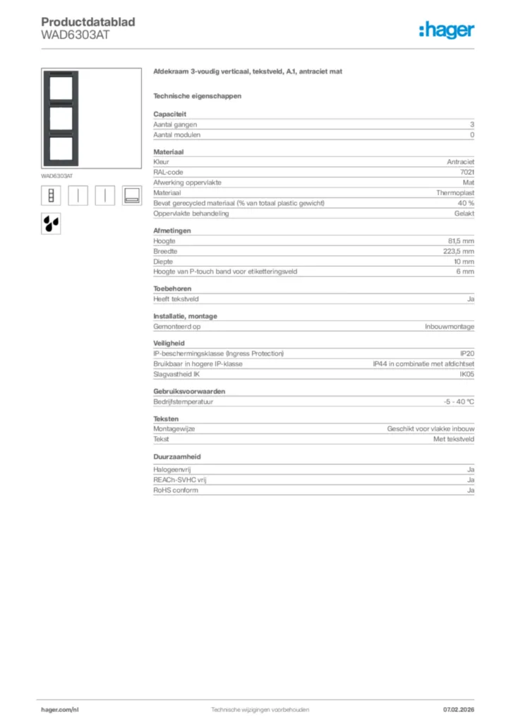 Afbeelding Hager Productdatablad WAD6303AT | Hager Nederland