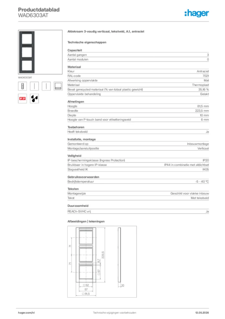 Afbeelding Hager Productdatablad WAD6303AT | Hager Nederland