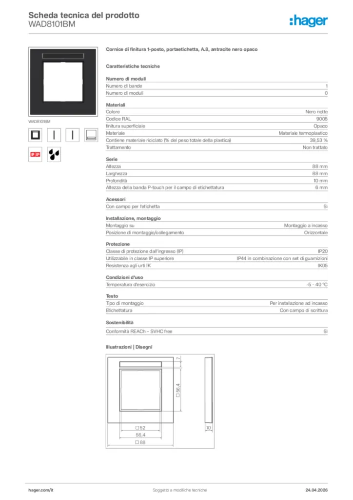 Immagine Hager Scheda tecnica del prodotto WAD8101BM | Hager Italia