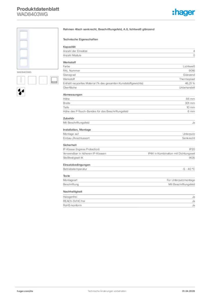 Bild Hager Produktdatenblatt WAD8403WG | Hager Deutschland
