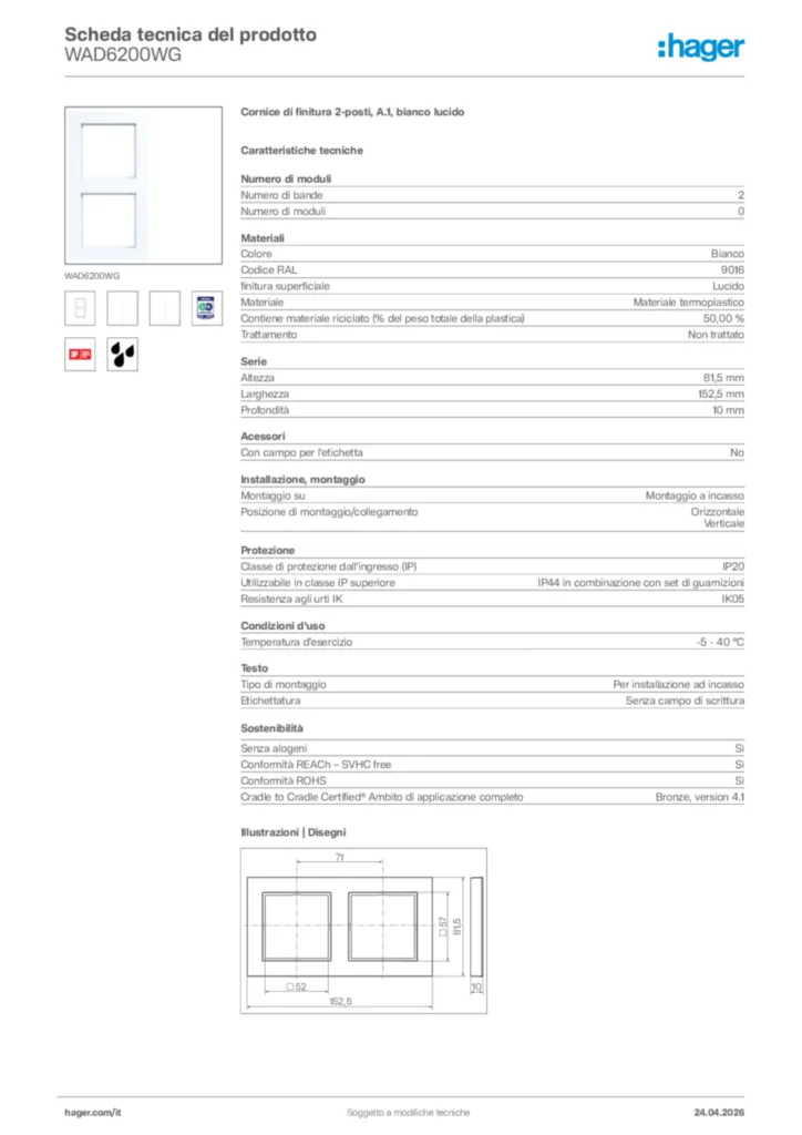 Immagine Hager Scheda tecnica del prodotto WAD6200WG | Hager Italia