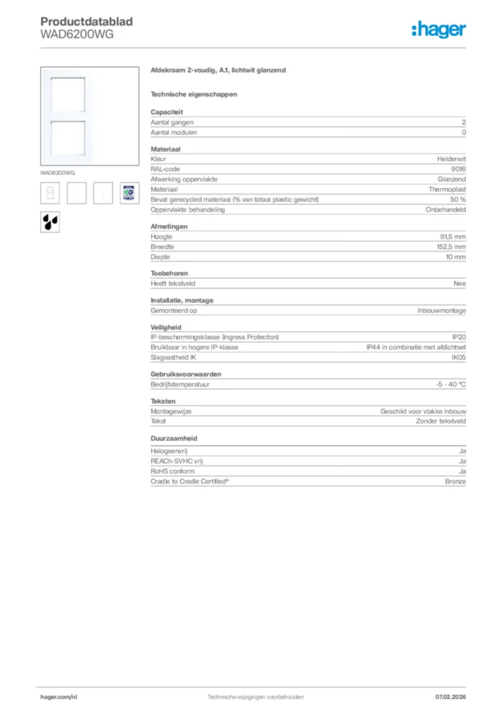 Afbeelding Hager Productdatablad WAD6200WG | Hager Nederland