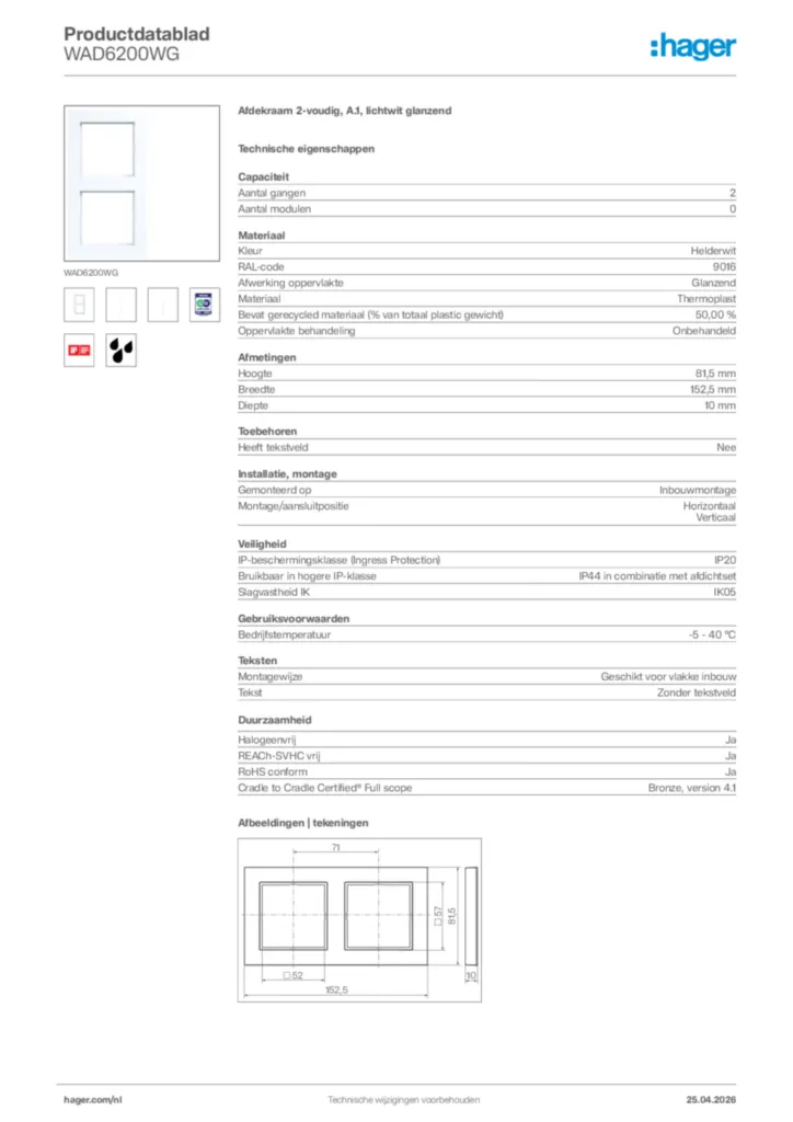 Afbeelding Hager Productdatablad WAD6200WG | Hager Nederland