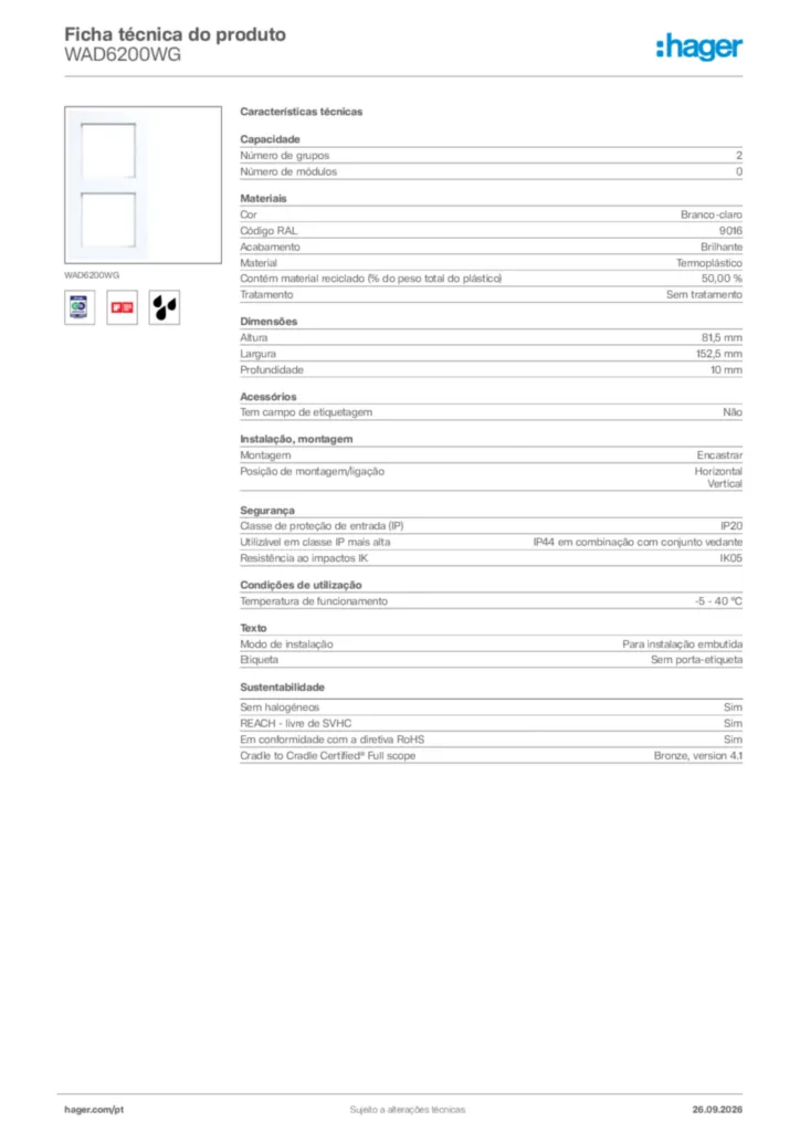 Imagem Hager Ficha técnica do produto WAD6200WG | Hager Portugal