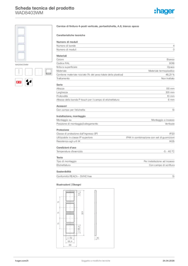 Immagine Hager Scheda tecnica del prodotto WAD8403WM | Hager Italia