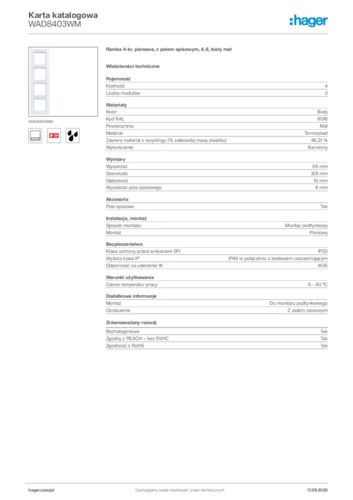 Zdjęcie Hager Karta katalogowa WAD8403WM | Hager Polska