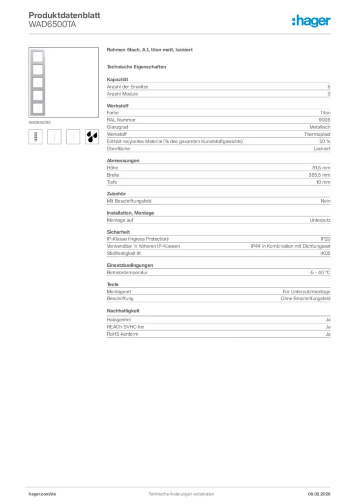 Bild Hager Produktdatenblatt WAD6500TA | Hager Deutschland