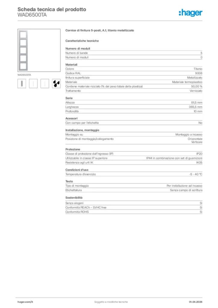 Immagine Hager Scheda tecnica del prodotto WAD6500TA | Hager Italia