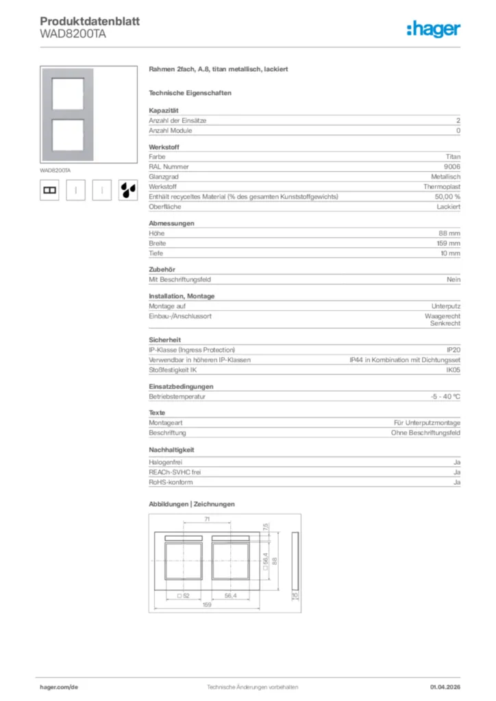 Bild Hager Produktdatenblatt WAD8200TA | Hager Deutschland