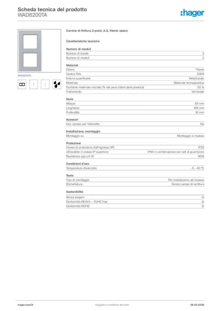 Immagine Hager Scheda tecnica del prodotto WAD8200TA | Hager Italia