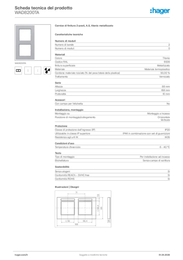 Immagine Hager Scheda tecnica del prodotto WAD8200TA | Hager Italia