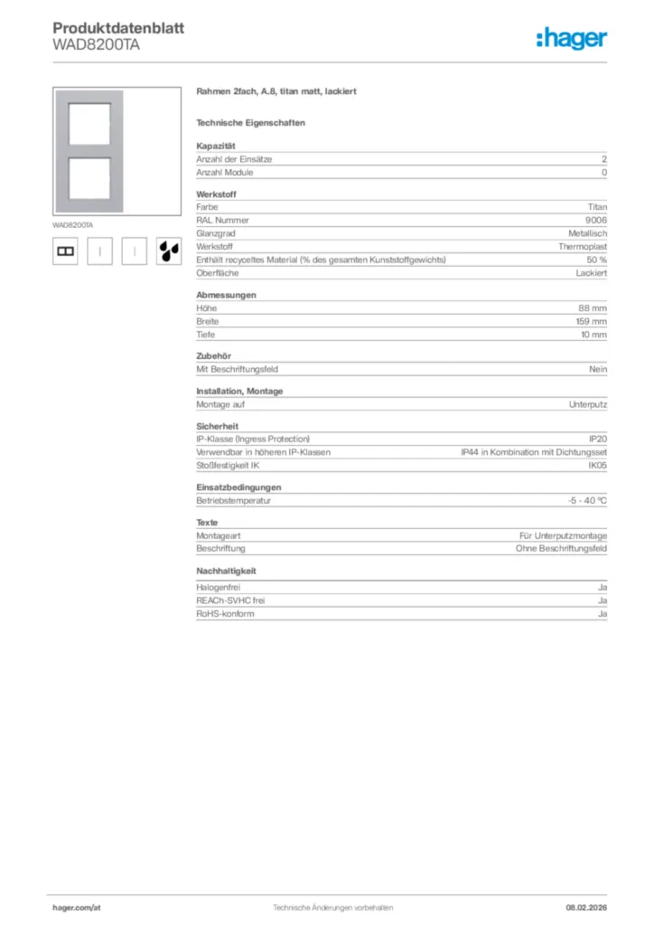 Bild Hager Produktdatenblatt WAD8200TA | Hager Deutschland