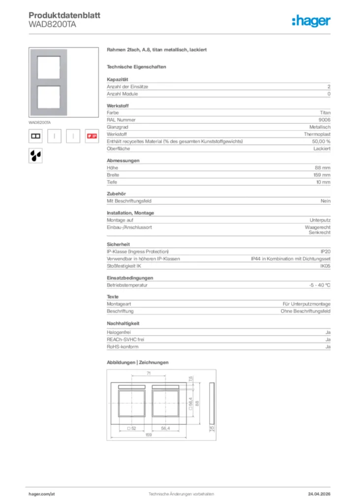 Bild Hager Produktdatenblatt WAD8200TA | Hager Deutschland