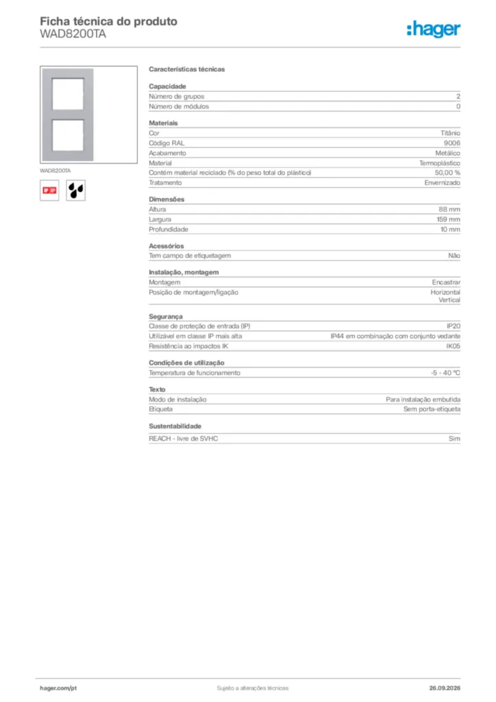 Imagem Hager Ficha técnica do produto WAD8200TA | Hager Portugal
