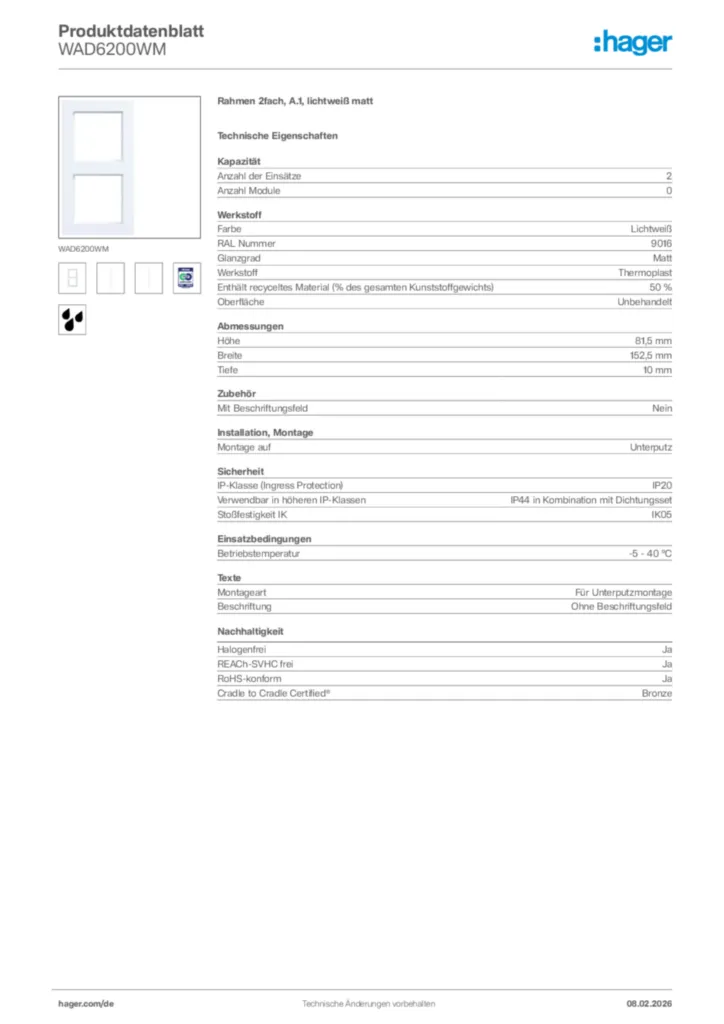 Bild Hager Produktdatenblatt WAD6200WM | Hager Deutschland