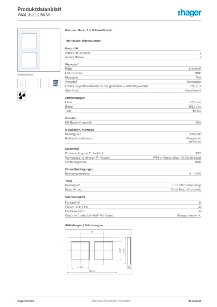 Bild Hager Produktdatenblatt WAD6200WM | Hager Deutschland
