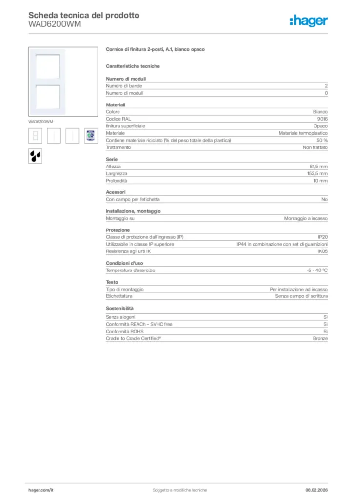 Immagine Hager Scheda tecnica del prodotto WAD6200WM | Hager Italia