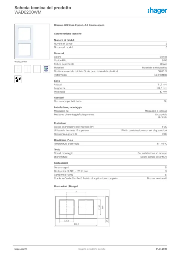 Immagine Hager Scheda tecnica del prodotto WAD6200WM | Hager Italia