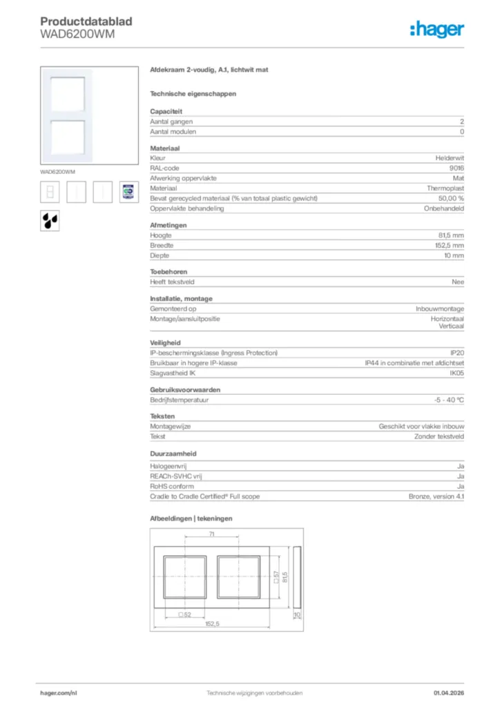 Afbeelding Hager Productdatablad WAD6200WM | Hager Nederland