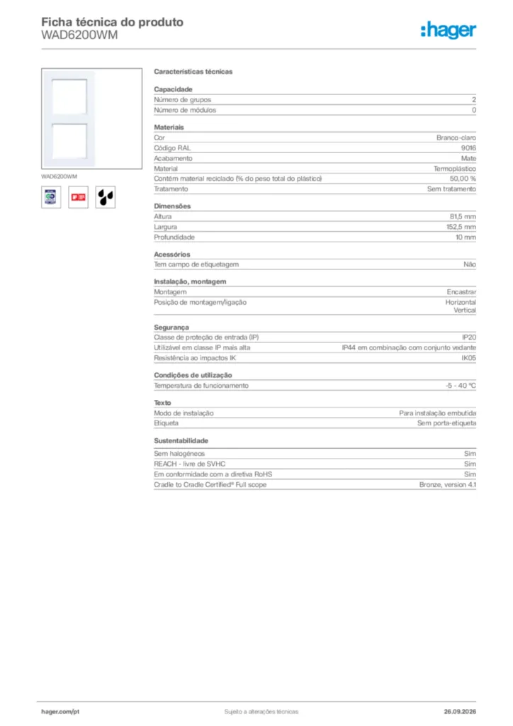 Imagem Hager Ficha técnica do produto WAD6200WM | Hager Portugal