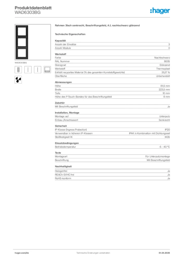 Bild Hager Produktdatenblatt WAD6303BG | Hager Deutschland